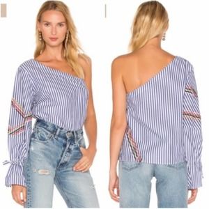 NWT Tanya Taylor Anka One Shoulder Top 4 Blue White Stripes